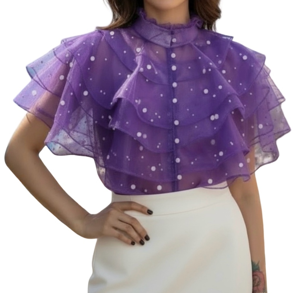 # A014   NANCY Purple Organza Top with Pearl Embellishment  NWT  M